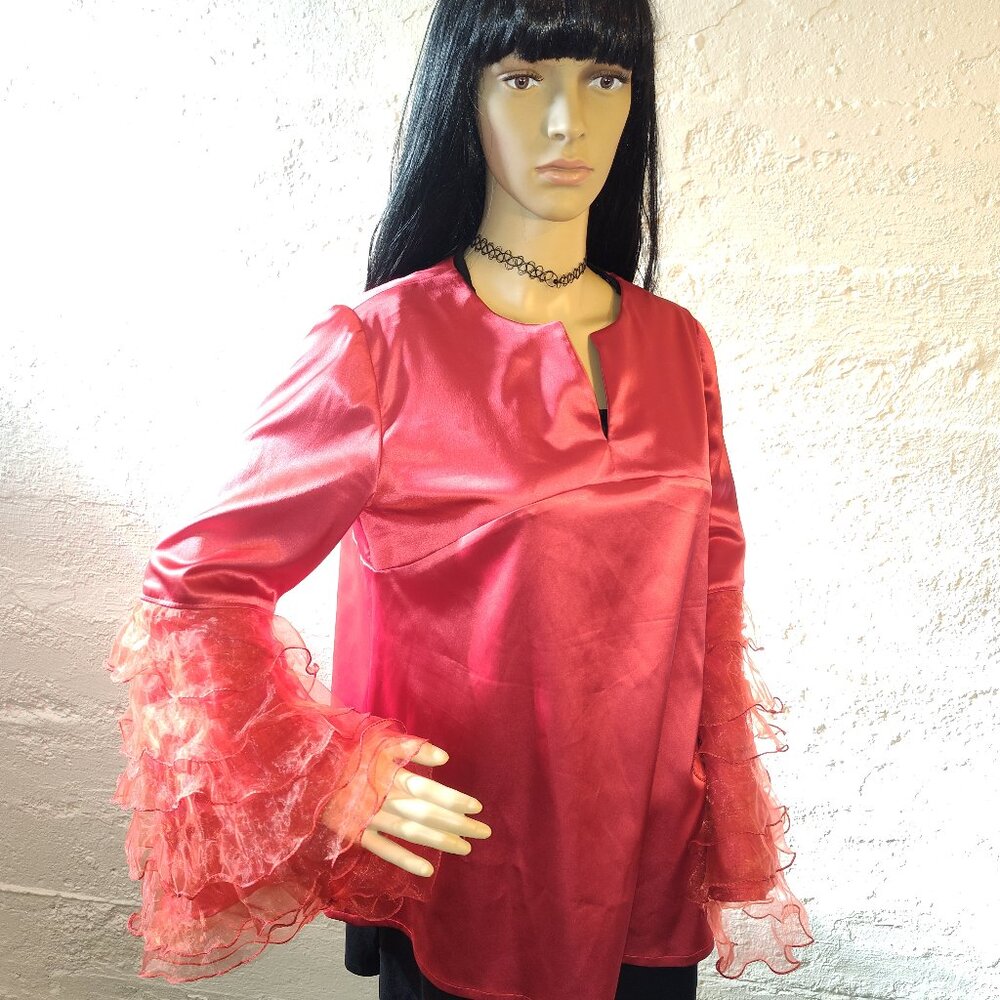 Unbranded Red Satin Long Bell Ruffle Sleeve Hi-Low A-Line Blouse Size L-XL